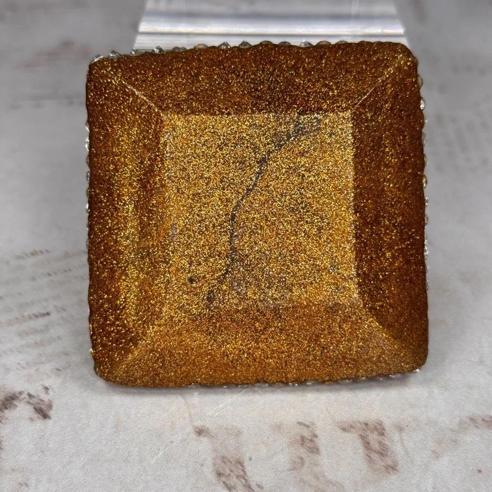 Vintage Gold Jeweled Trinket Box Rhinestone Enamel Square Ormolu Casket